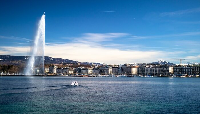 Geneva Jet d’Eau with Mont Blanc in the distance