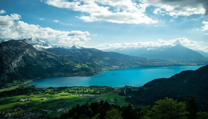 Interlaken Aerial view showing both Lake Thun and Lake Brienz