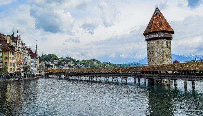 Lucerne Chapel Bridge with Mt. Pilatus in the background